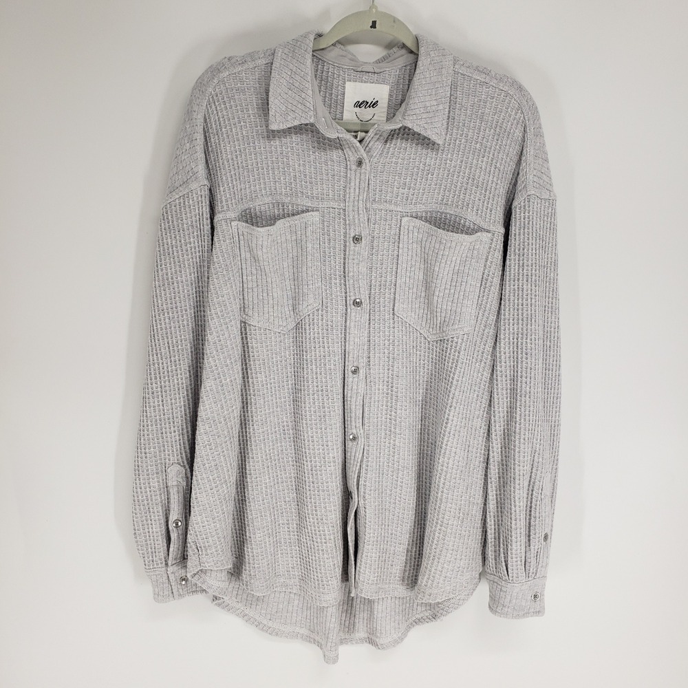 Aerie Waffle Knit Button Down Shacket Women Medium Gray Lounge Oversized Shirt